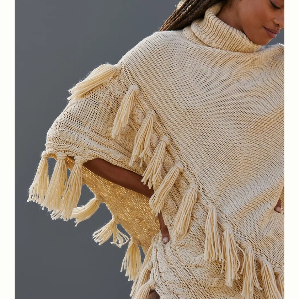 Anthropologie Turtleneck Fringed Poncho- cream - Picture 4 of 10